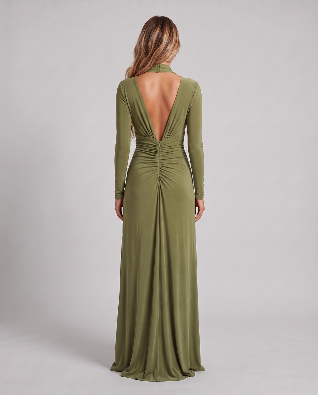 Olive green maxi dress, back view showing the open back and ruching