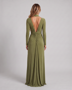 Olive green maxi dress, back view showing the open back and ruching