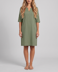 Green V-neck knee-length shift dress with elbow sleeves, front view