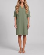 Green V-neck knee-length shift dress with elbow sleeves, front view